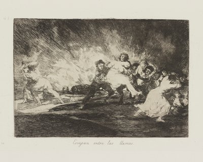 Ze ontsnappen door de vlammen, pl. 41 uit de serie Los desastres de la guerra (De rampen van de oorlog) door Francisco de Goya