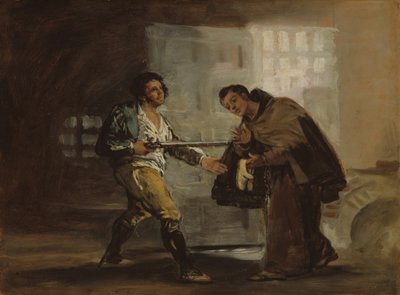 Broeder Pedro biedt schoenen aan El Maragato en bereidt zich voor om zijn geweer opzij te duwen door Francisco de Goya