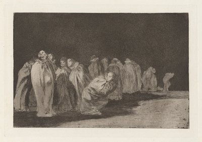 Los ensacados (De mannen in zakken), ook bekend als So el sayal, hay al (Er is iets onder het boetekleed), uit de serie Los disparates (Los proverbios) door Francisco de Goya
