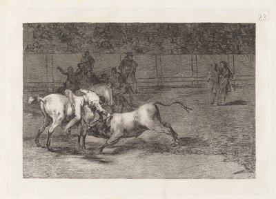 Mariano Ceballos, alias el Indio, mata el toro desde su caballo (Mariano Ceballos, Alias de Indiaan, Doodt de Stier vanaf zijn Paard), Plaat 23 uit La tauromaquia door Francisco de Goya