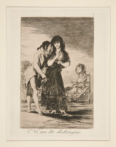 Ni asi la distingue (Zelfs zo kan hij haar niet onderscheiden), pl. 7 uit Los caprichos door Francisco de Goya