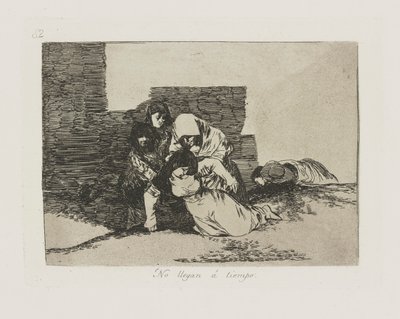 Ze komen niet op tijd., pl. 52 uit de serie Los desastres de la guerra (De Rampen van de Oorlog) door Francisco de Goya