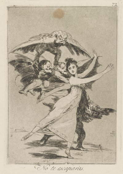 No te escaparás. (Je zult niet ontsnappen.), pl. 72 uit de serie Los caprichos door Francisco de Goya