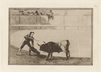Pedro Romero doodt de stilstaande stier, Plaat 30 uit La tauromaquia door Francisco de Goya