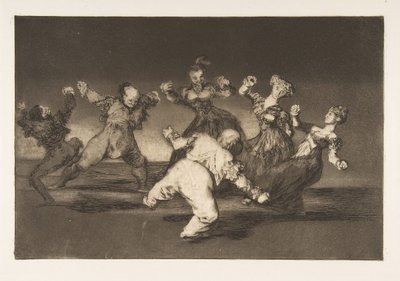 Plaat 12 uit de Disparates: Als Marion wil dansen, dan heeft ze..., ca. 1816-23 gepubliceerd 1864 door Francisco de Goya