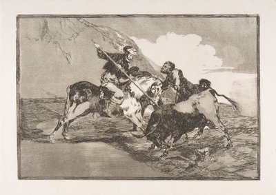De manier waarop de oude Spanjaarden stieren te paard jaagden, uit The Tauromaquia door Francisco de Goya