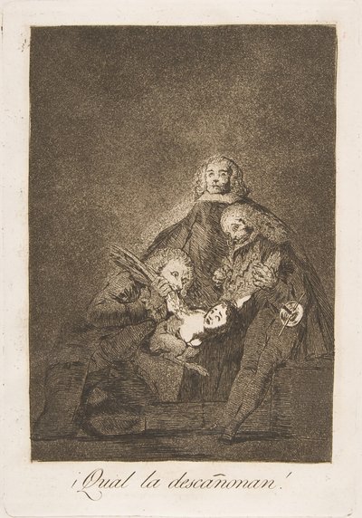 Plaat 21 uit Los Caprichos: Hoe ze haar plukken! ¡Qual la descañonan!, 1799 door Francisco de Goya