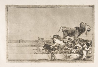 Plaat 21 uit de Tauromaquia: Verschrikkelijke gebeurtenissen in de voorste rijen van de arena in Madrid, 1816 door Francisco de Goya