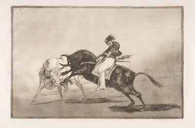 Plaat 24 van de Tauromaquia: Dezelfde Ceballos op een andere stier breekt korte speer..., 1816 door Francisco de Goya