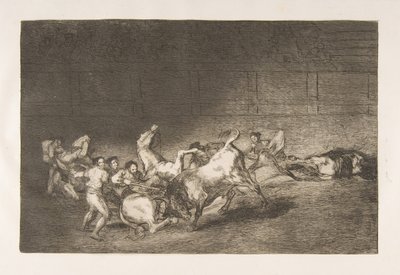 Twee teams van picadors achter elkaar gegooid door een stier, 1816 door Francisco de Goya