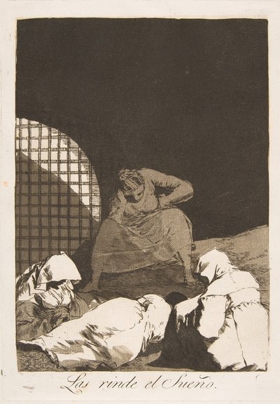 Plaat 34 uit Los Caprichos: De slaap overweldigt hen Las rinde el Sueño, 1799 door Francisco de Goya
