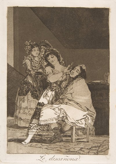 Plaat 35 uit Los Caprichos: Ze plukt hem kaal, 1799 door Francisco de Goya