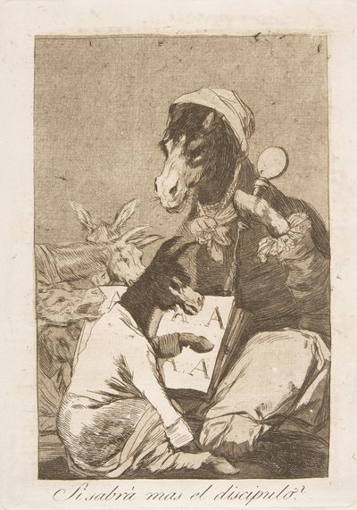 Plaat 37 uit Los Caprichos: Zou de leerling niet meer weten Si Sabrà mas el discipulo door Francisco de Goya