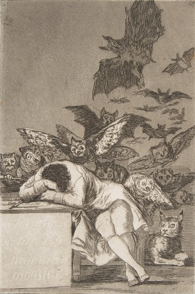 Plaat 43 uit Los Caprichos: De slaap van de rede brengt monsters voort, 1799, gepubliceerd 1908-12 door Francisco de Goya