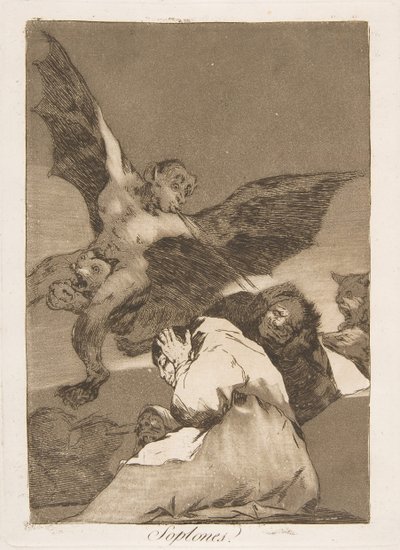 Plaat 48 uit Los Caprichos: Roddelaren - Windvlagen door Francisco de Goya