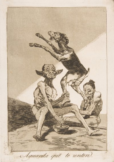 Plaat 67 uit Los Caprichos: Wacht tot je gezalfd bent Aguarda que te unten door Francisco de Goya