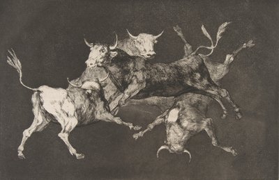 Plaat D uit de Disparates: Dwazen of kleine stieren, ca. 1816-23 gepubliceerd vóór 1877 door Francisco de Goya