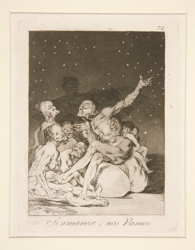 Si amanece, nos vamos (Als de Dag Aanbreekt Gaan We Weg), pl. 71 uit de serie Los caprichos door Francisco de Goya