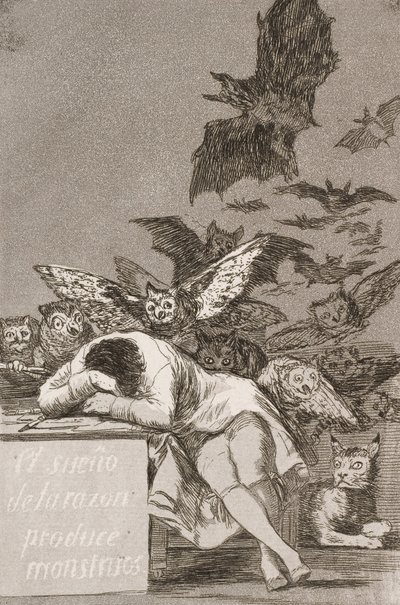 De slaap van de rede brengt monsters voort (Nr. 43), uit Los Caprichos door Francisco de Goya