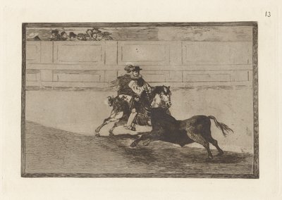Un caballero español en plaza quebrando rejoncillos sin auxilio de los chulos (Een Spaanse ridder in de ring die korte speren breekt zonder de hulp van assistenten), Plaat 13 uit La tauromaquia door Francisco de Goya