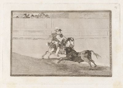 Een Spaanse ridder in de ring die korte speren breekt zonder de hulp van assistenten, Plaat 13 uit La tauromaquia door Francisco de Goya