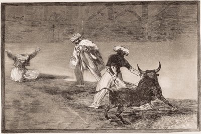 Stierengevecht: De Moren spelen de cape met een andere stier in een omheining door Francisco de Goya