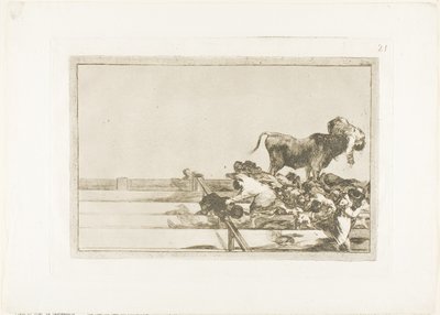 Vreselijke gebeurtenissen in de voorste rijen van de ring in Madrid, en de dood van de burgemeester van Torrejón, plaat 21 uit De Kunst van het Stierenvechten door Francisco Jose de Goya y Lucientes