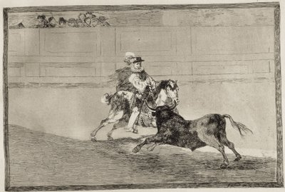 Een Spaanse ridder te paard in de ring die korte speren breekt zonder hulp van assistenten. 1816. Ets. Spanje. Madrid. Nationale Bibliotheek door Francisco Jose de Goya y Lucientes