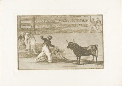 Oorsprong van de harpoenen of banderillas, plaat zeven uit De Kunst van het Stierenvechten door Francisco Jose de Goya y Lucientes