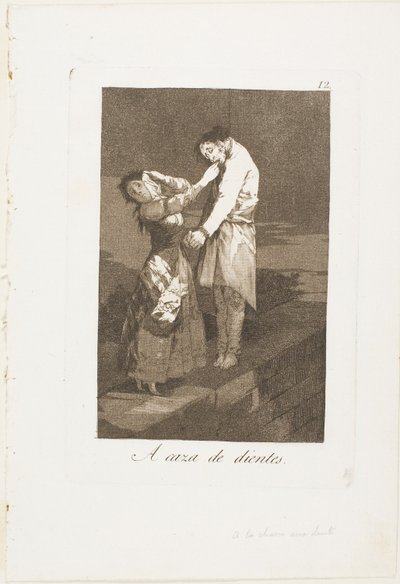 Op jacht naar tanden, plaat twaalf uit Los Caprichos door Francisco Jose de Goya y Lucientes