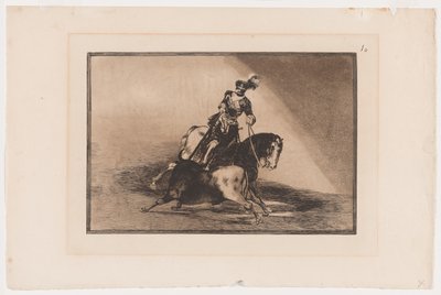Plaat 10 uit La Tauromaquia: Karel V steekt een stier in de ring in Valladolid, 1816, gedrukt 1876 (ets en aquatint op vergé papier) door Francisco Jose de Goya y Lucientes