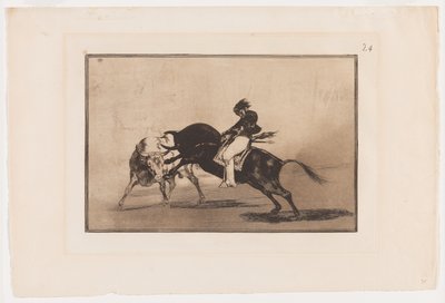 Plaat 24 uit La Tauromaquia: Dezelfde Ceballos op een andere stier breekt korte speren in de ring in Madrid door Francisco Jose de Goya y Lucientes