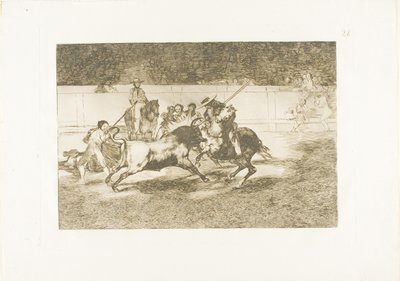 De krachtige Rendón steekt een stier met de piek, waarvan hij stierf in de ring in Madrid, plaat 28 uit De kunst van het stierenvechten door Francisco Jose de Goya y Lucientes
