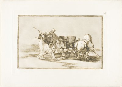 De Moren hadden zich in Spanje gevestigd, gaven de bijgelovigheden van de Koran op, namen deze jachtkunst over en spietsen een stier in het open veld, plaat drie uit De Kunst van het Stierenvechten door Francisco Jose de Goya y Lucientes