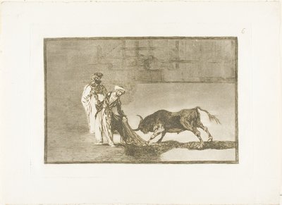 De Moren maken een ander spel in de ring en roepen de stier met hun burnous, plaat zes uit De kunst van het stierenvechten door Francisco Jose de Goya y Lucientes