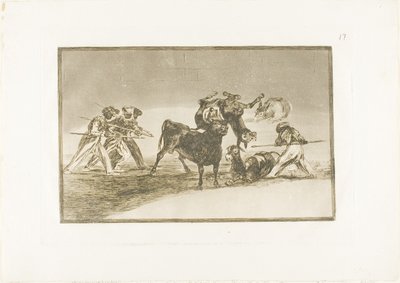 De Moren gebruiken ezels als een barrière om zichzelf te verdedigen tegen de stier wiens hoorns zijn voorzien van ballen, plaat 17 uit De Kunst van het Stierenvechten door Francisco Jose de Goya y Lucientes