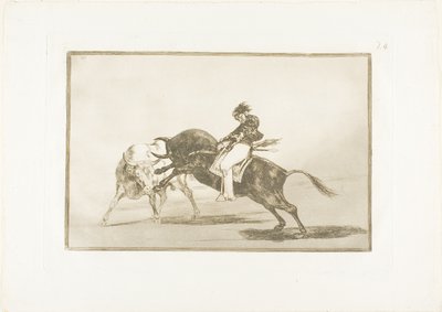 Dezelfde Ceballos, Gezeten op een Andere Stier, Breekt Korte Speren in de Ring in Madrid, plaat 24 uit De Kunst van het Stierenvechten door Francisco Jose de Goya y Lucientes