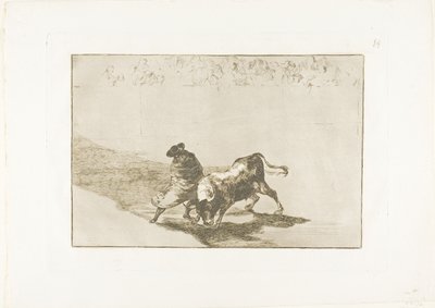De Zeer Bekwame Student van Falces, Gewikkeld in zijn Cape, Bedriegt de Stier met het Spel van zijn Lichaam, plaat 14 uit De Kunst van het Stierenvechten door Francisco Jose de Goya y Lucientes