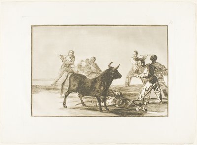 Het Gepeupel Hamstringt de Stier met Lansen, Sikkels, Banderillas en Andere Wapens, plaat twaalf uit De Kunst van het Stierenvechten door Francisco Jose de Goya y Lucientes