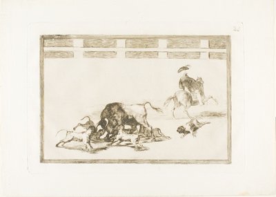 Ze laten honden los op de stier, plaat 25 uit De kunst van het stierenvechten door Francisco Jose de Goya y Lucientes
