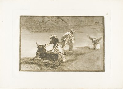 Ze spelen een ander met de cape in een omheining, plaat vier uit De Kunst van het Stierenvechten door Francisco Jose de Goya y Lucientes