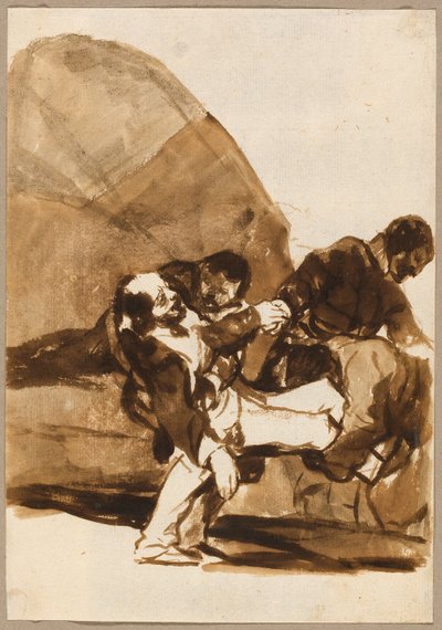 Drie mannen dragen een gewonde soldaat, uit de Afbeeldingen van Spanje, Album F door Francisco Jose de Goya y Lucientes