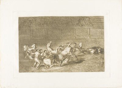 Twee teams van picadors achter elkaar geworpen door een enkele stier, plaat 32 uit De Kunst van het Stierenvechten door Francisco Jose de Goya y Lucientes