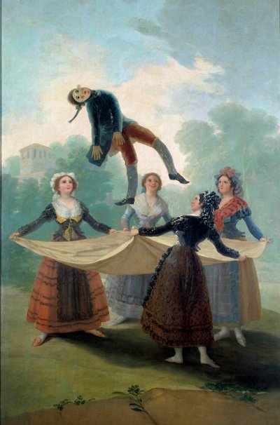 Jonge vrouwen gooien een lappenpop in de lucht met een doek door Francisco de Goya