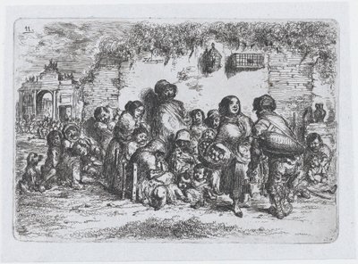 Plaat 11: een groep mensen buiten, uit de serie gebruiken en tijdverdrijf van de Spanjaarden door Francisco Lameyer Berenguer