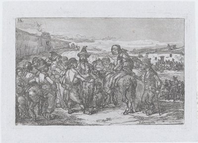 Plaat 14: een grote groep mensen buiten, mogelijk een groep acteurs, uit de serie door Francisco Lameyer Berenguer