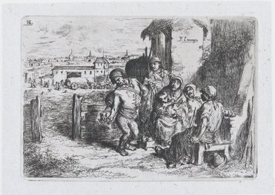 Plaat 16: een groep mensen buiten, waaronder een man die wijn of water uit een vat schenkt..., 1850 door Francisco Lameyer Berenguer