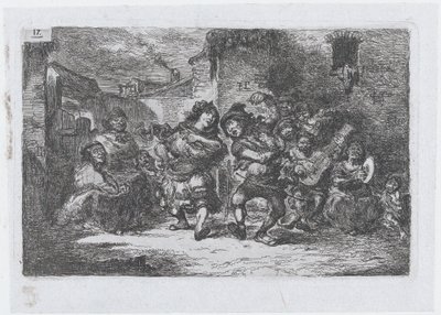 Blad 17: straatmuzikanten en dansende figuren, uit de serie gebruiken en tijdverdrijf door Francisco Lameyer Berenguer