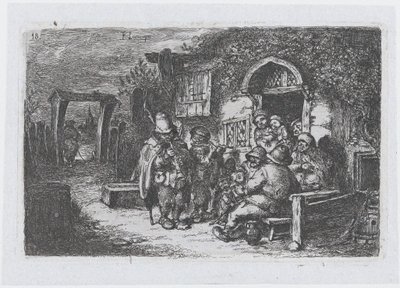 Plaat 18: straatmuzikanten en andere figuren buiten een taverne, uit de serie gebruiken door Francisco Lameyer Berenguer