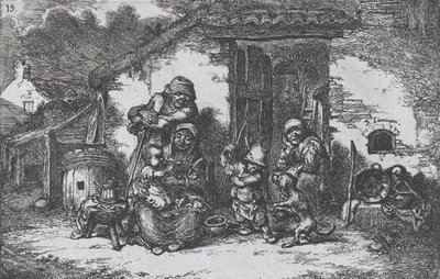Plaat 19: een familie en een jongen die met een hond speelt buiten een huis, uit de serie van gewoonten..., 1850 door Francisco Lameyer Berenguer